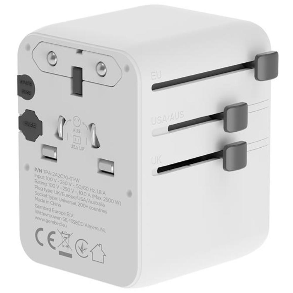 Universal rejseadapter med USB-lader, 70 W, hvid