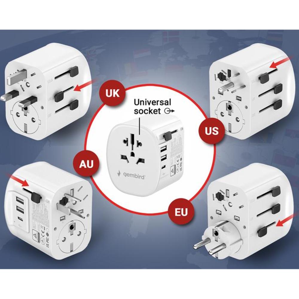 Jordforbundet universel rejseadapter med USB-lader, 15 W, hvid