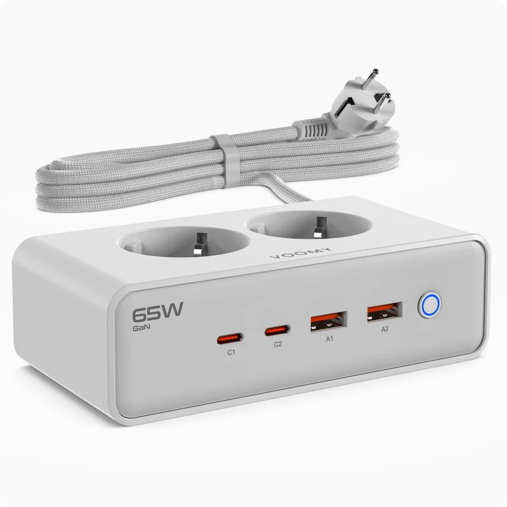 Stikkontakt med 2 stikkontakter, 2× USB C og 2× USB A (65 W)