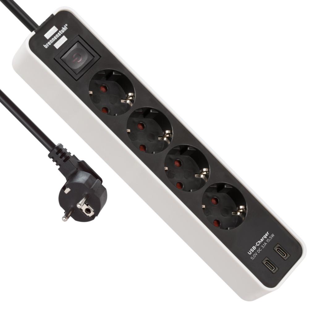 Brennenstuhl stikkontaktliste Ecolor 4-vejs USB C 15.5 ws/sw. - Brennenstuhl